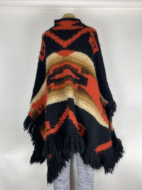 Vintage Ralph Lauren Wool Poncho Cape Southwestern Aztec Hand Knit Fringe . - Picture 2 of 10